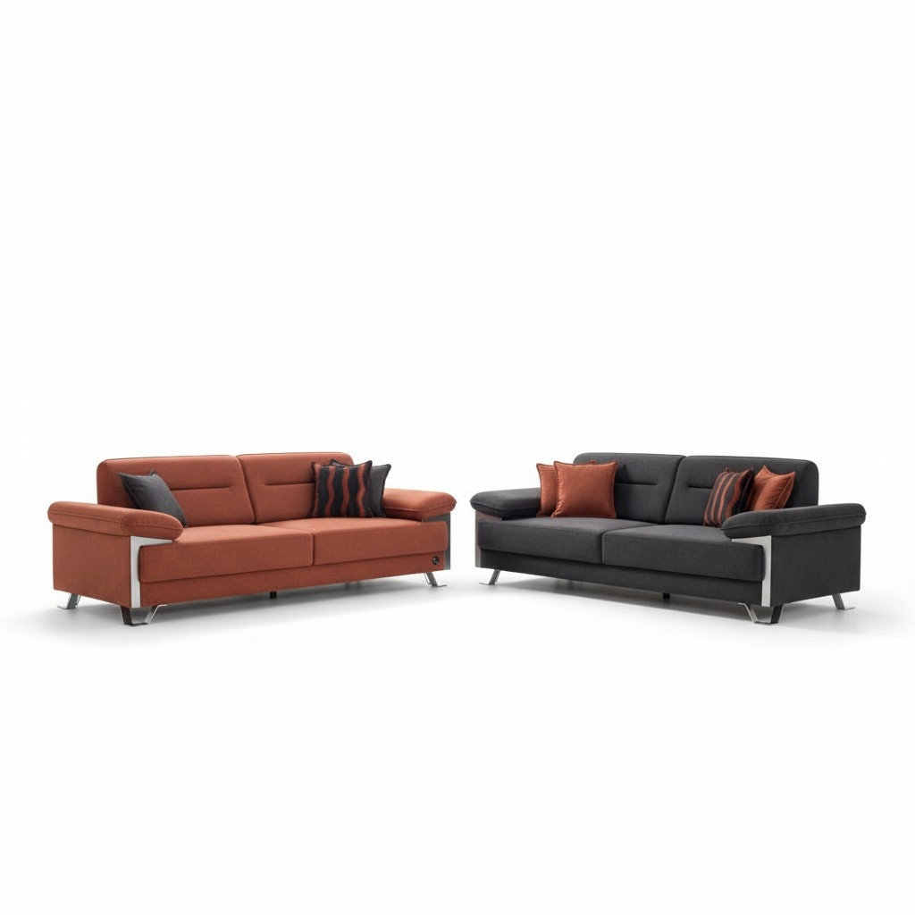 Exklusive Sofagarnitur 3+3 Sitzer Stoff Anthrazit Terrakotta Chromfüße Modern