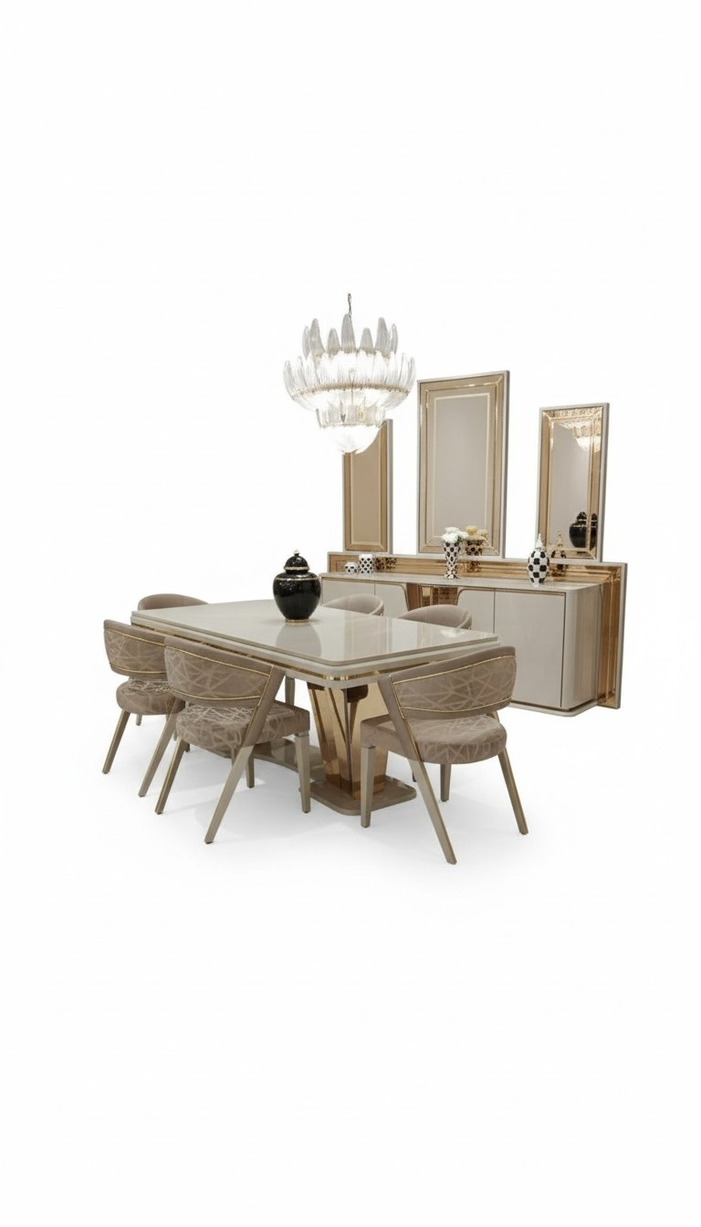 Exklusives Design Luxuriöser Esstisch + 6x Stühle + Anrichte mit Spiegel