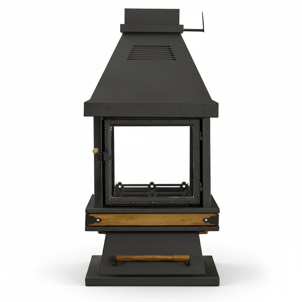 Freistehender Kamin in Schwarz aus Edelstahl Holz und Glas