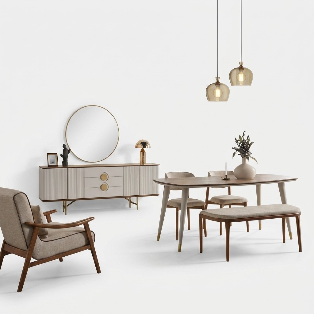 Funktional Esstisch 2x Stühle Hocker Kommode mit Spiegel Esszimmer Möbelse