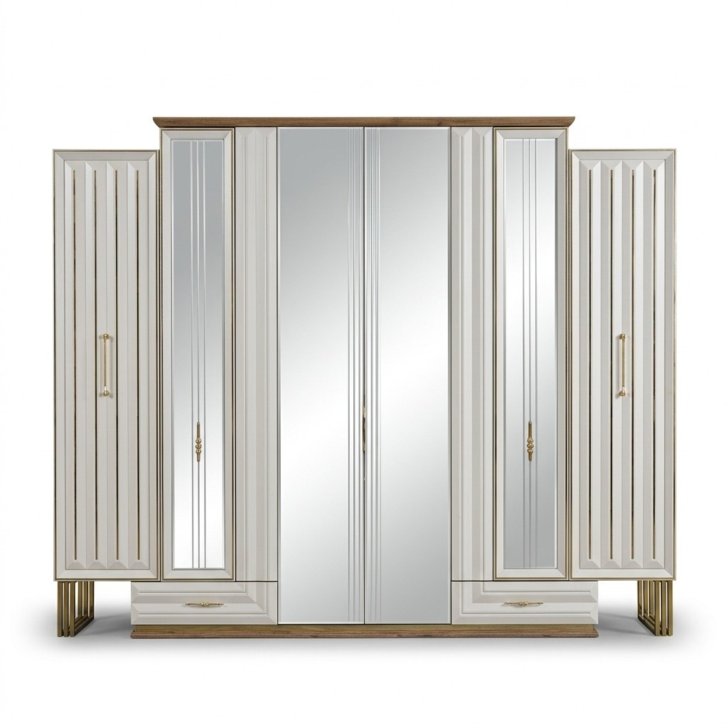 Garderobenschrank Luxus Kleiderschrank Holzschrank mit Spiegel Beige