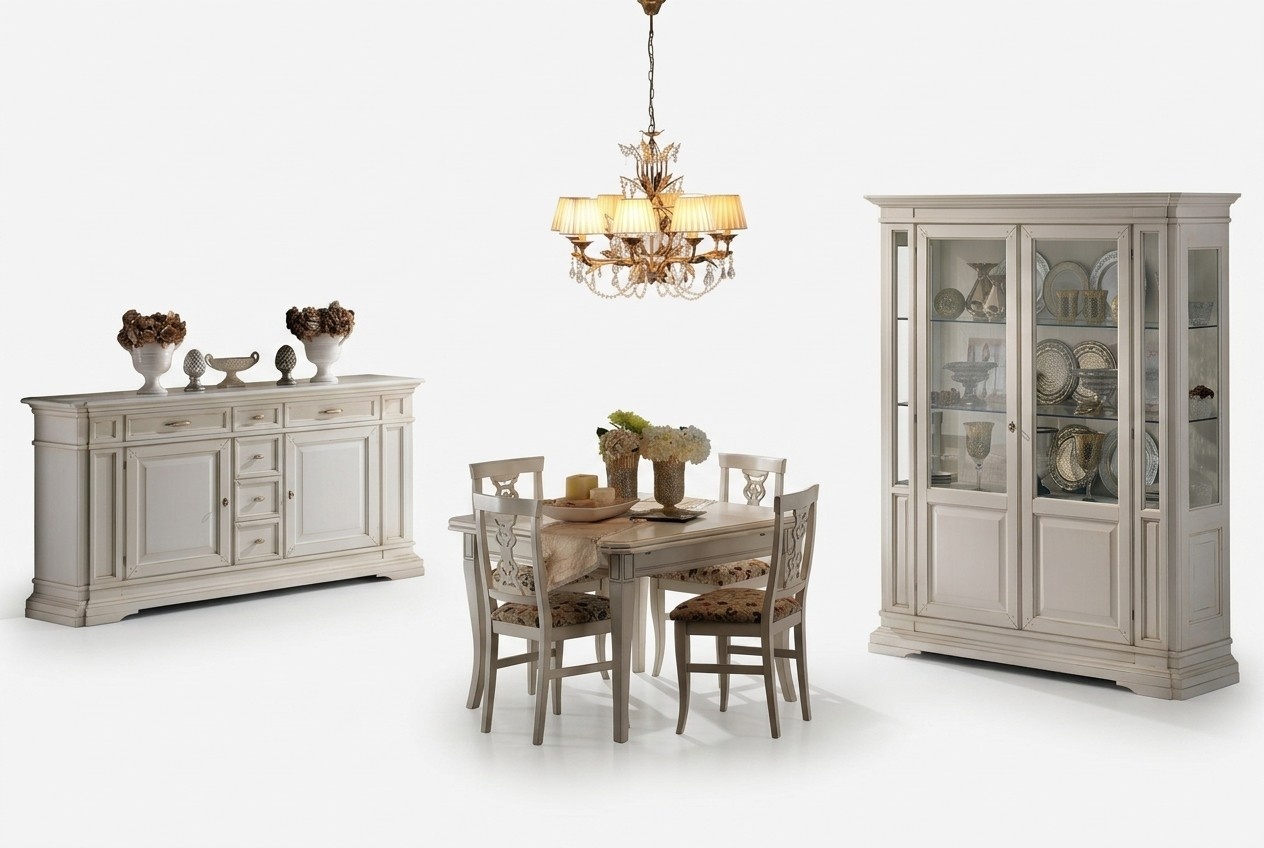 Garnitur 7tlg Holz Möbel Kommode 4x Stuhl Tisch Vitrine Neu Gruppe Esszimmer Set