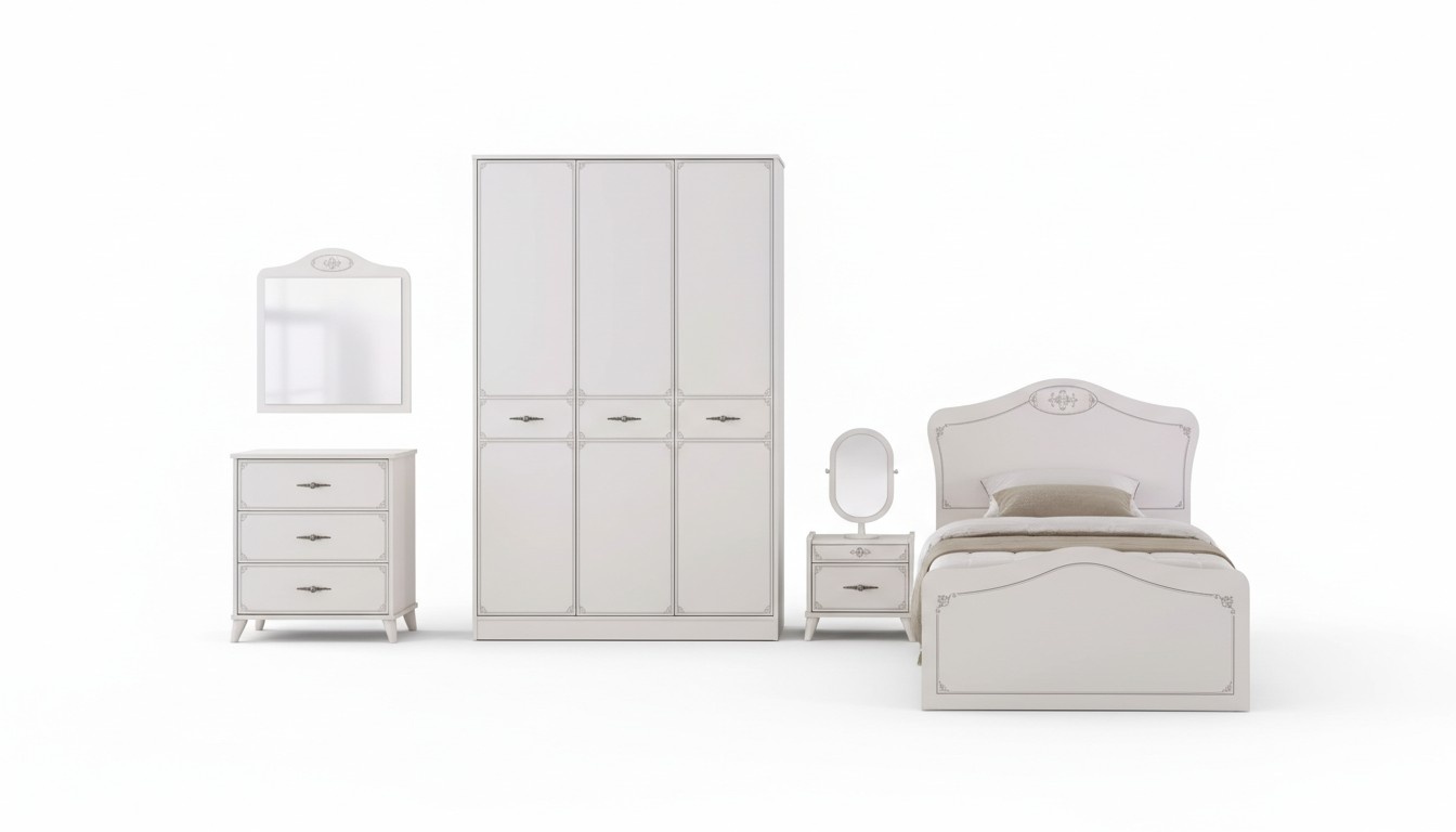 Garnitur Bett Jugendbett Funktionsbett Ausziehbares Set 5tlg Holz Weiß