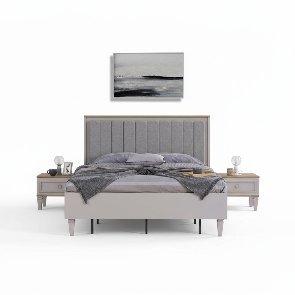 Garnitur Doppelbett Schlafzimmer Bett Nachttische Grau Holz Set 3tlg