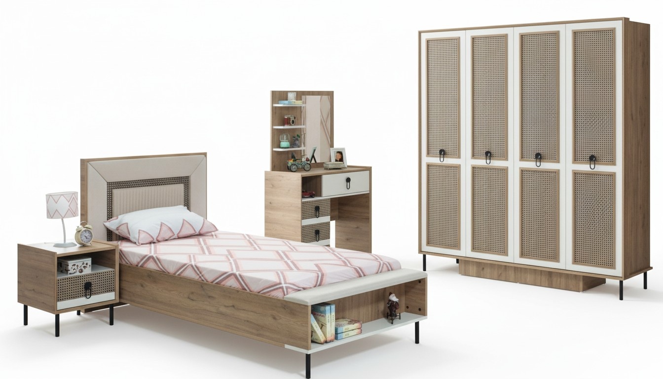 Garnitur Kinderzimmer Bett Kinderbett Kindermöbel Braun Holz Set 5tlg