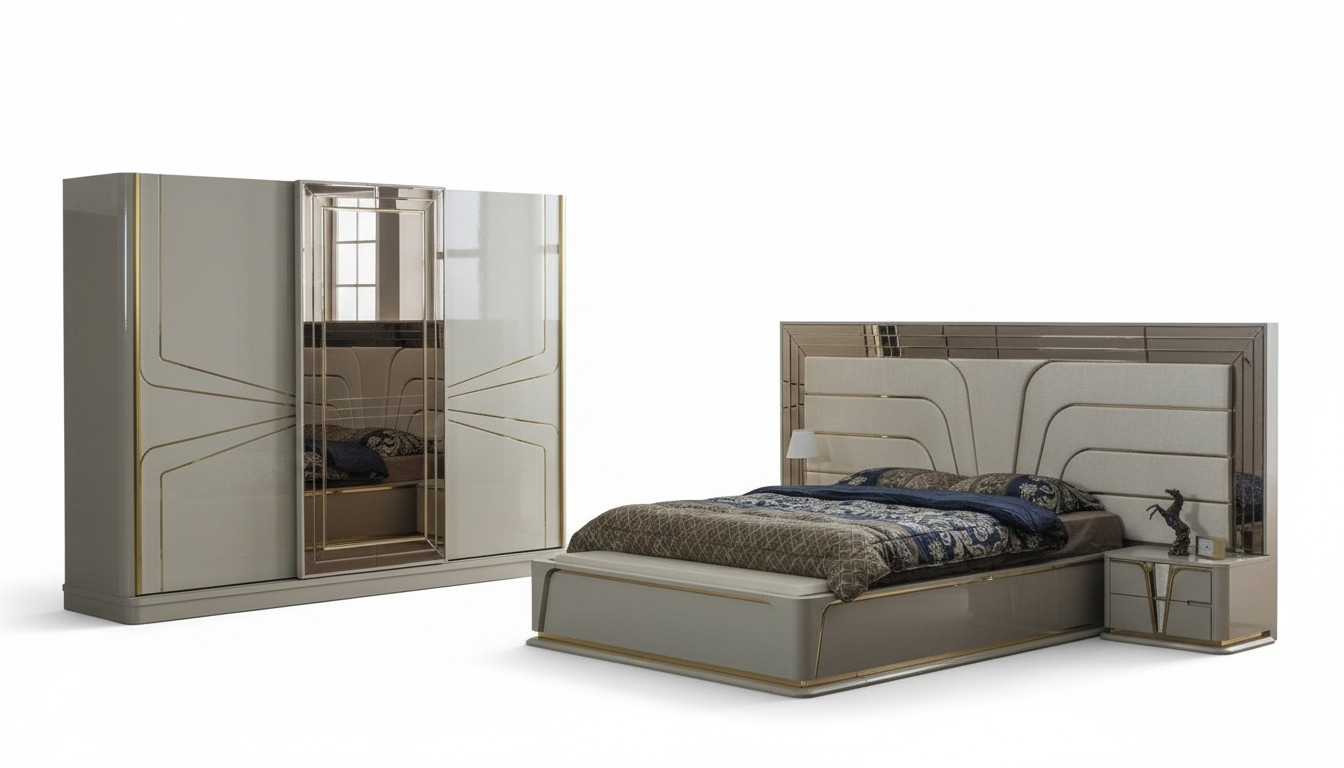 Garnitur Schlafzimmer Doppelbett Luxus Bett Modern Beige Set 4tlg Neu