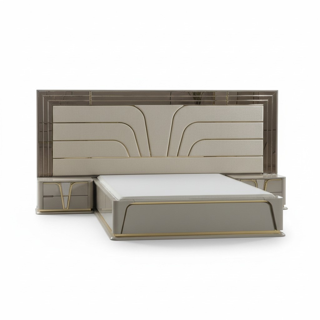 Garnitur Schlafzimmer Doppelbett Luxus Bett Modern Beige Set 3tlg Neu