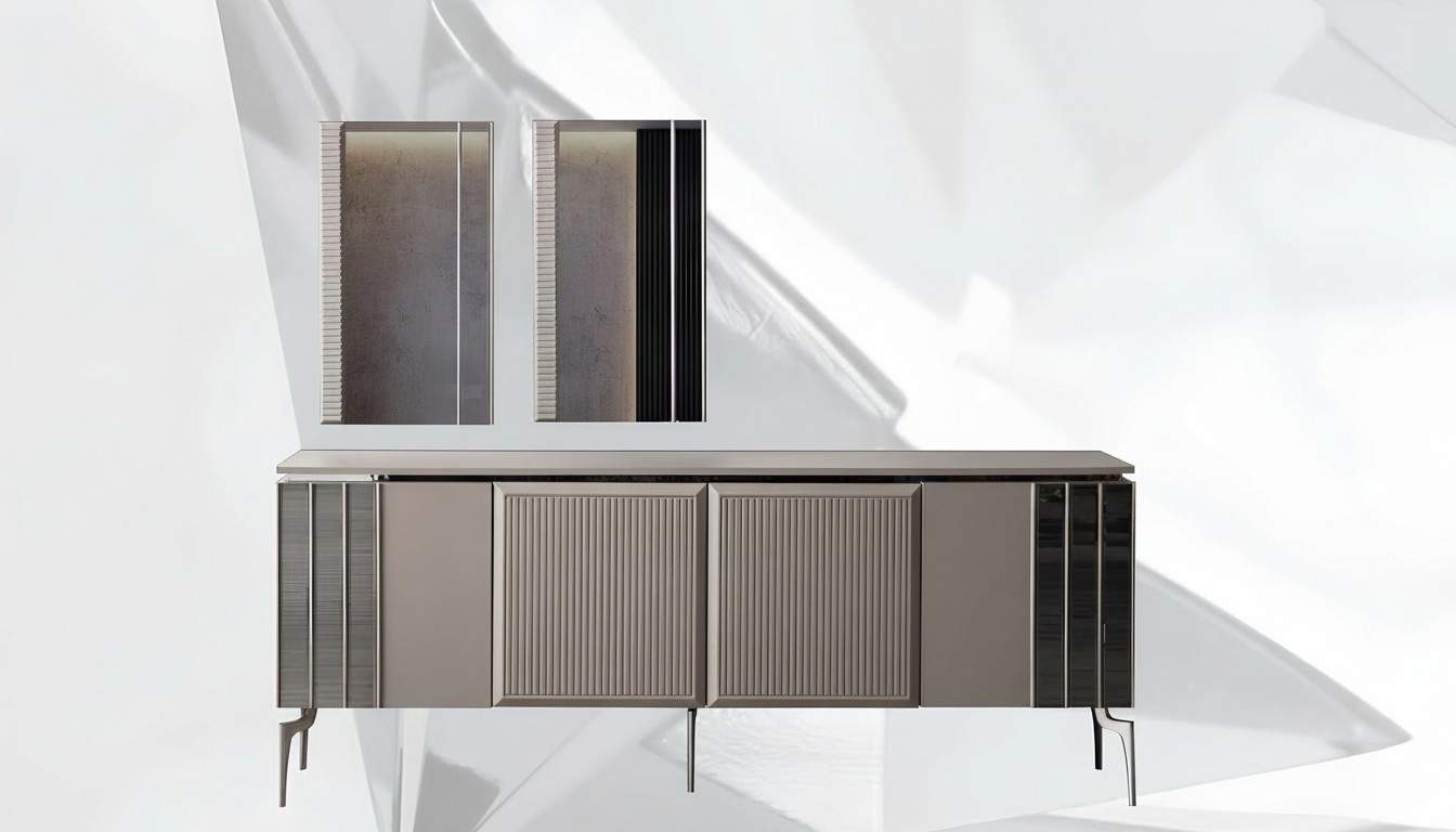 Garnitur Sideboard mit Spiegel Schrank Anrichte Grau Kommode Holz