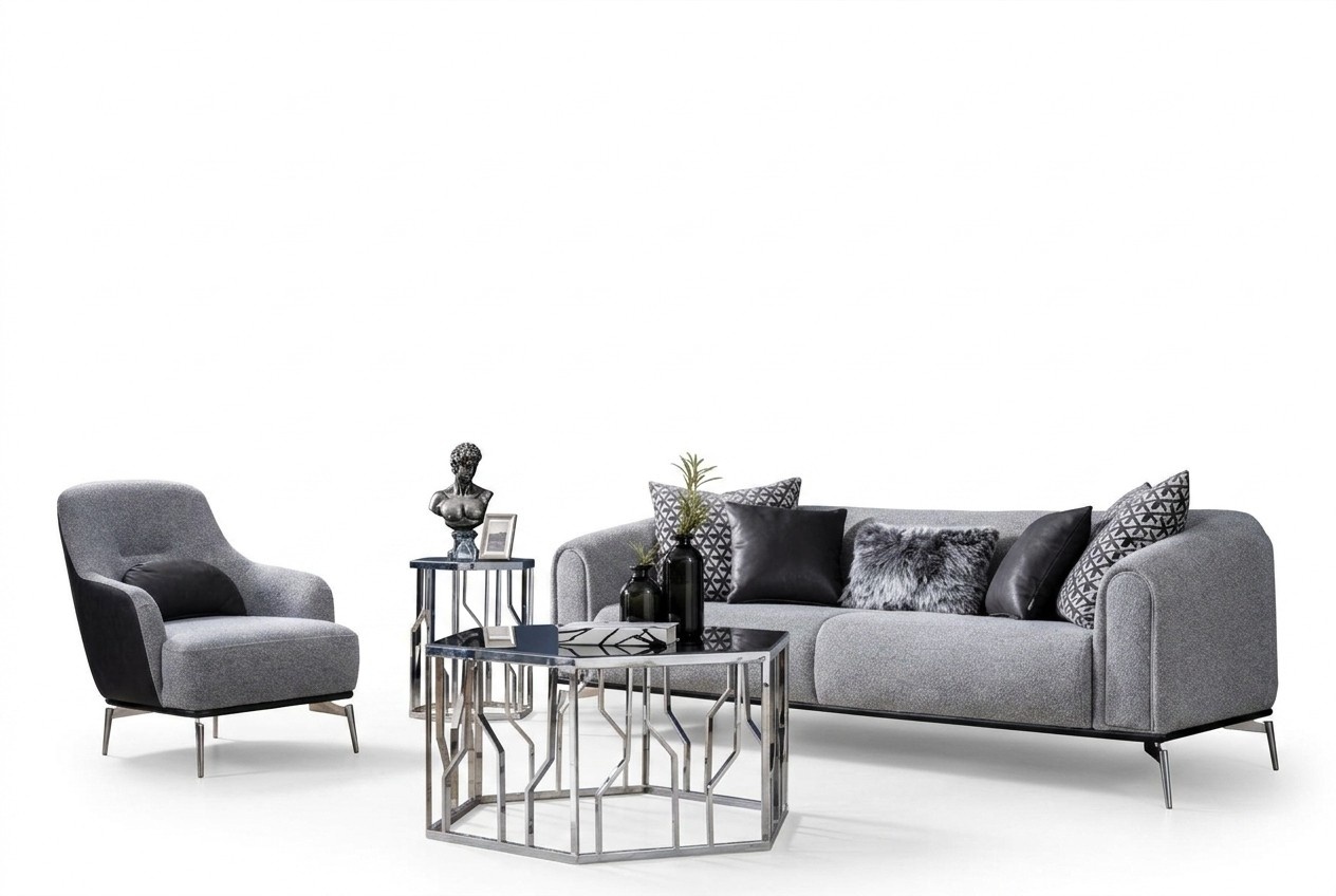 Garnitur Sofa 3 Sitz Sessel Dreisitzer Stoff Grau Modern Polyester