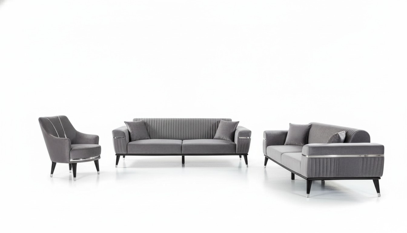 Sofagarnitur 3+3+1 Sitzer Sofa Sofas Sessel Stoff Holz Graue Couchen