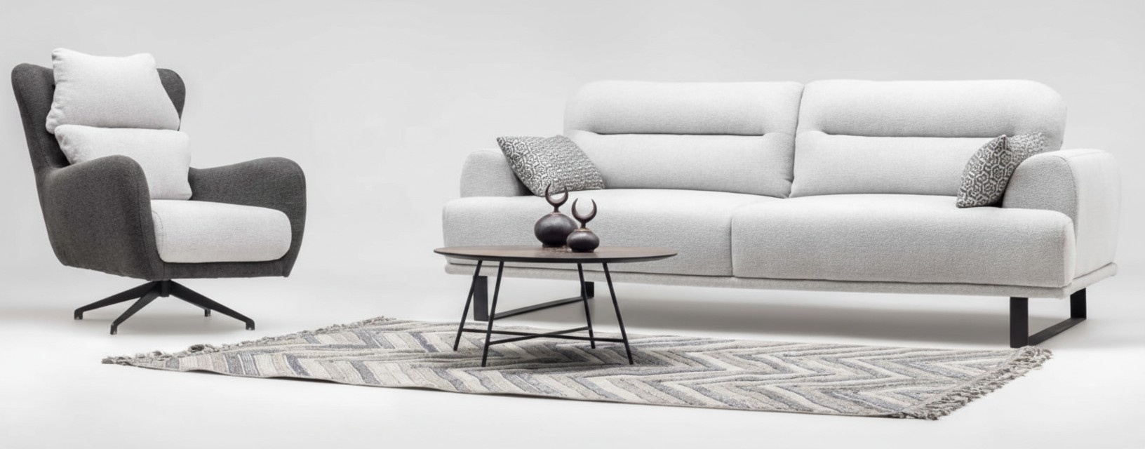 Garnitur Stoffsofa Zweisitzer Sofa Sessel Counch Polstersofa Grau