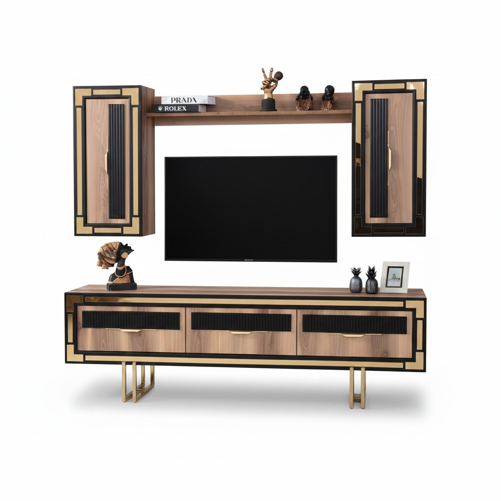 Garnitur Wohnwand TV Ständer Schranke RTV Lowboard Braun Wohnzimmer