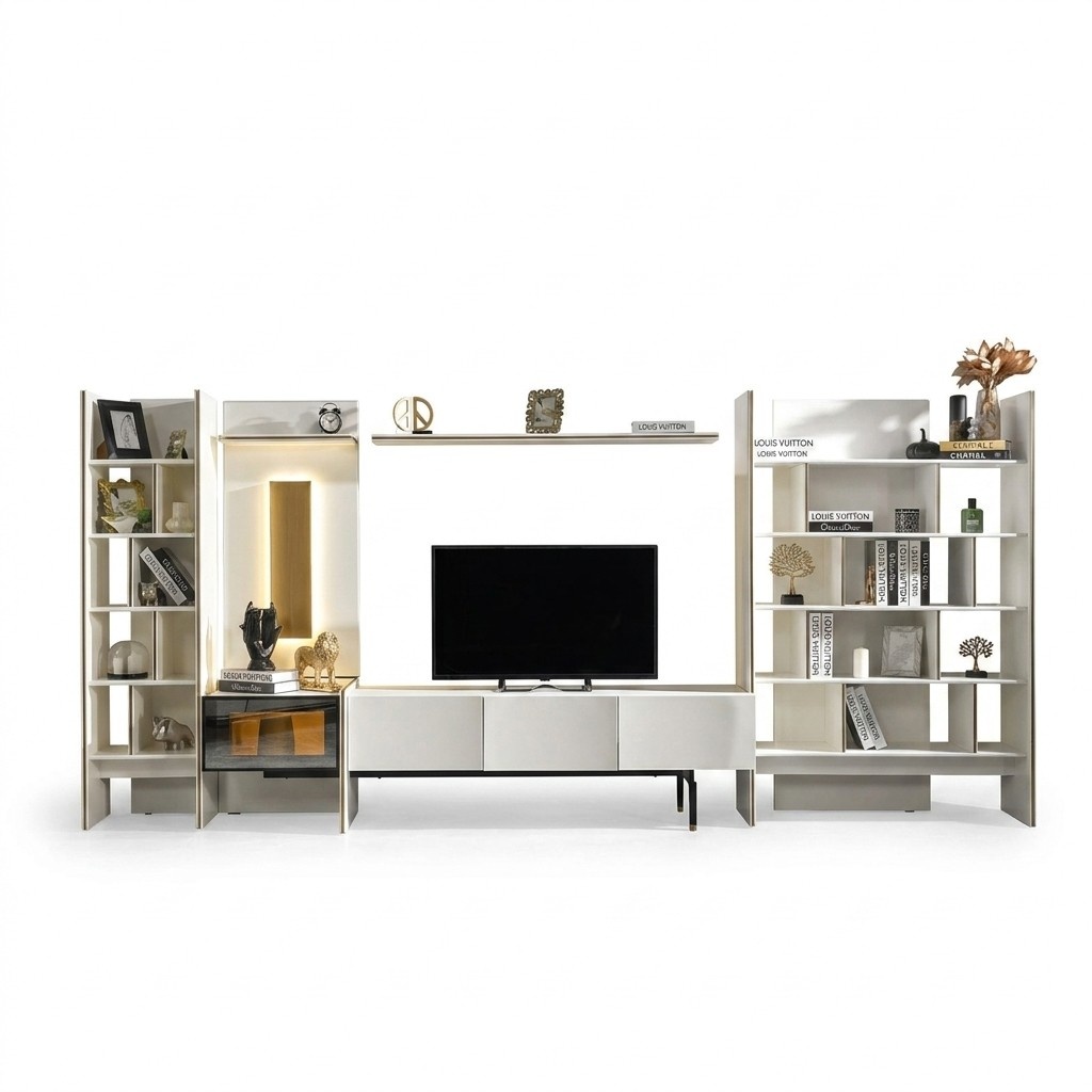 Garnitur Wohnwand TV Ständer RTV Lowboard Sideboard Regale Holz Weiß