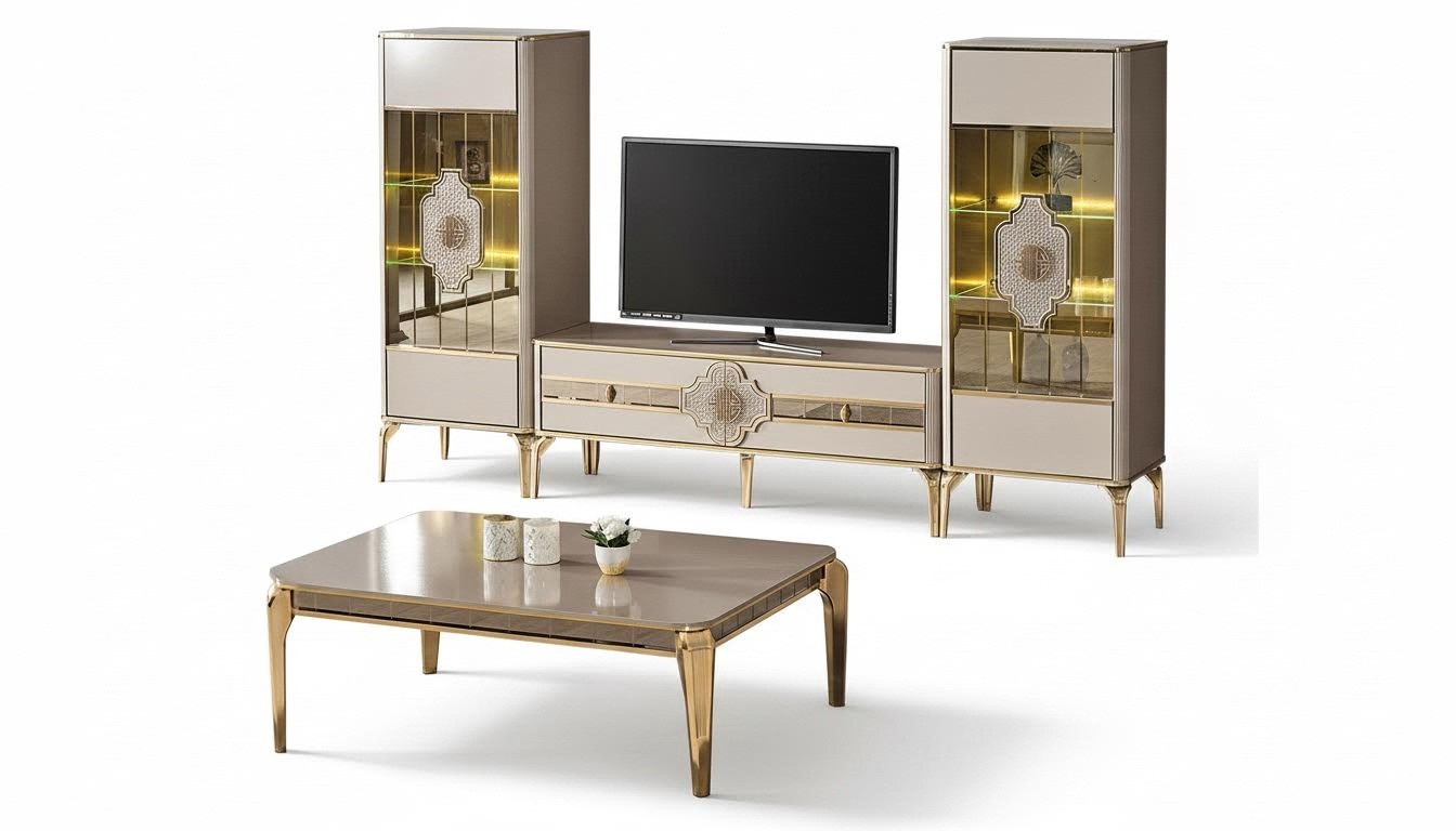 Garnitur Wohnzimmer TV Ständer Vitrinen Couchttisch 4tlg Schrank Beige
