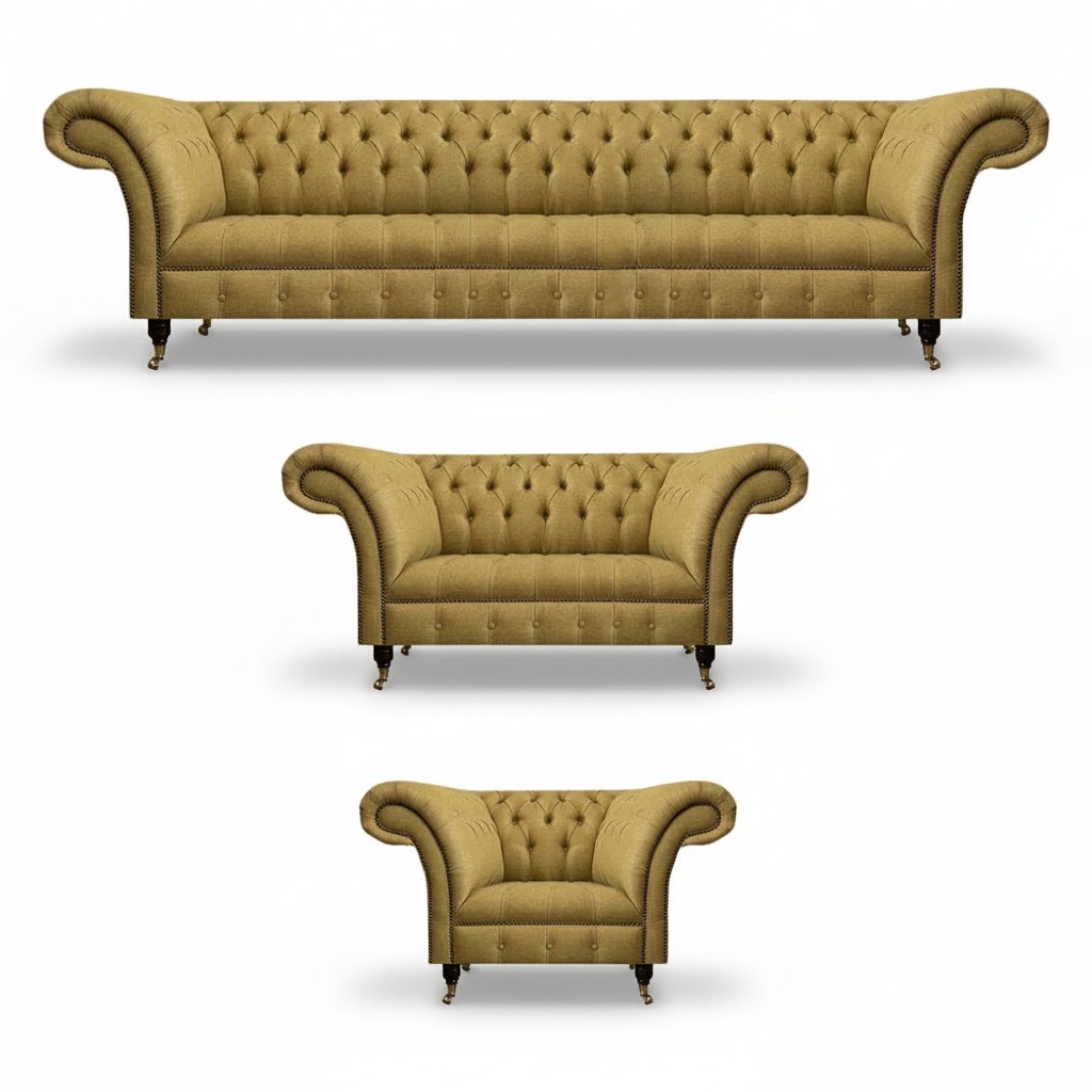 Gelbe Chesterfield Sofagarnitur Wohnzimmer 4-Sitzer Zweisitzer Sessel