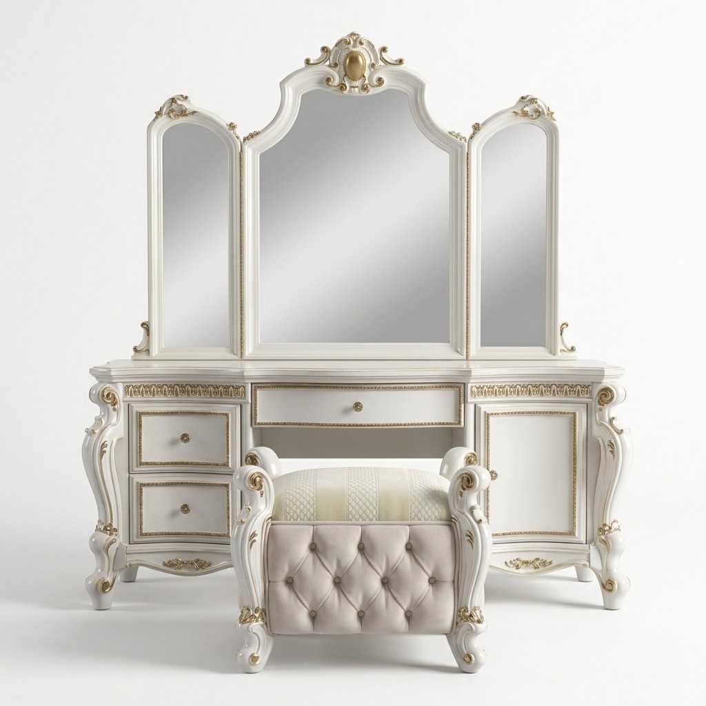 Geschnitzte Barock Möbel Schminktisch Hocker Spiegel Schlafzimmer.