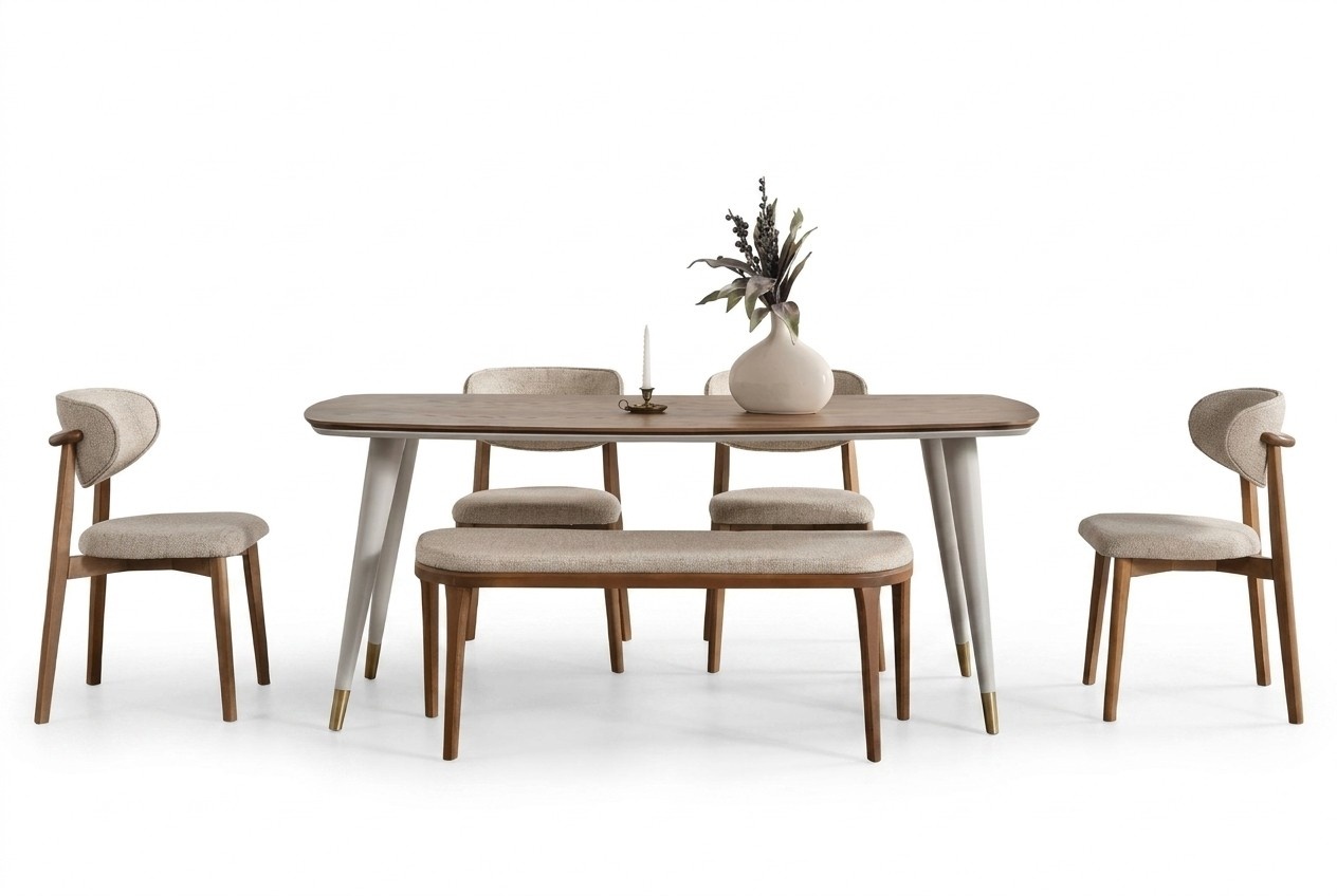 Glänzend 6tlg. Esszimmergarnitur Elegant Esstisch Beige 4x Stühle Hocker
