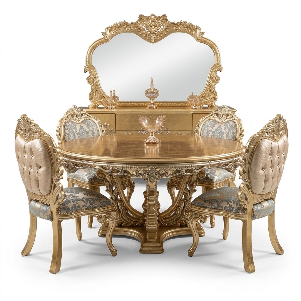 Goldener Runder Esstisch Essgarnitur Tisch 4x Stuhl Anrichte 6tlg. Neu