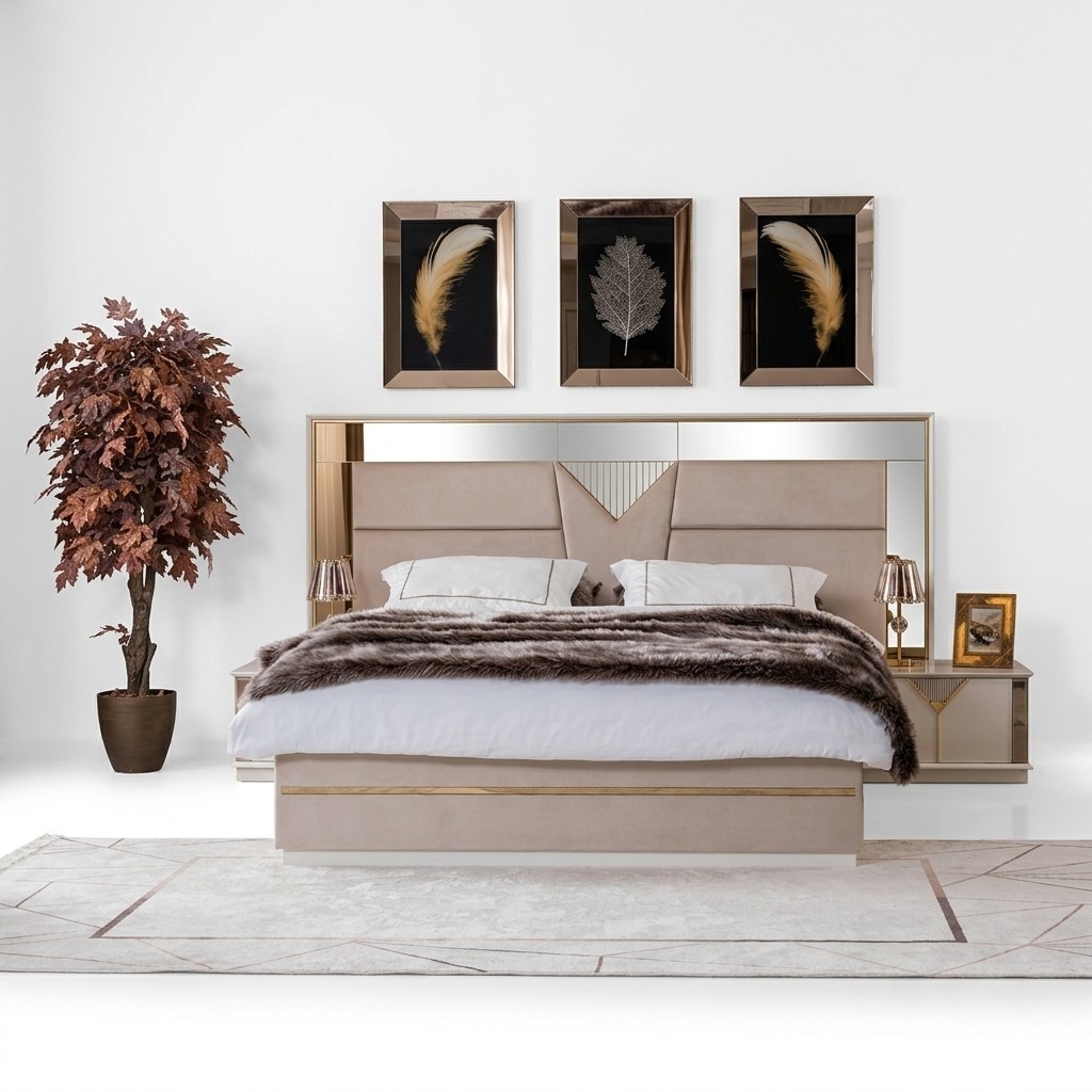 Goldenes Bett Doppelbett Schlafzimmer Betten Möbel designer Doppelbett Beige