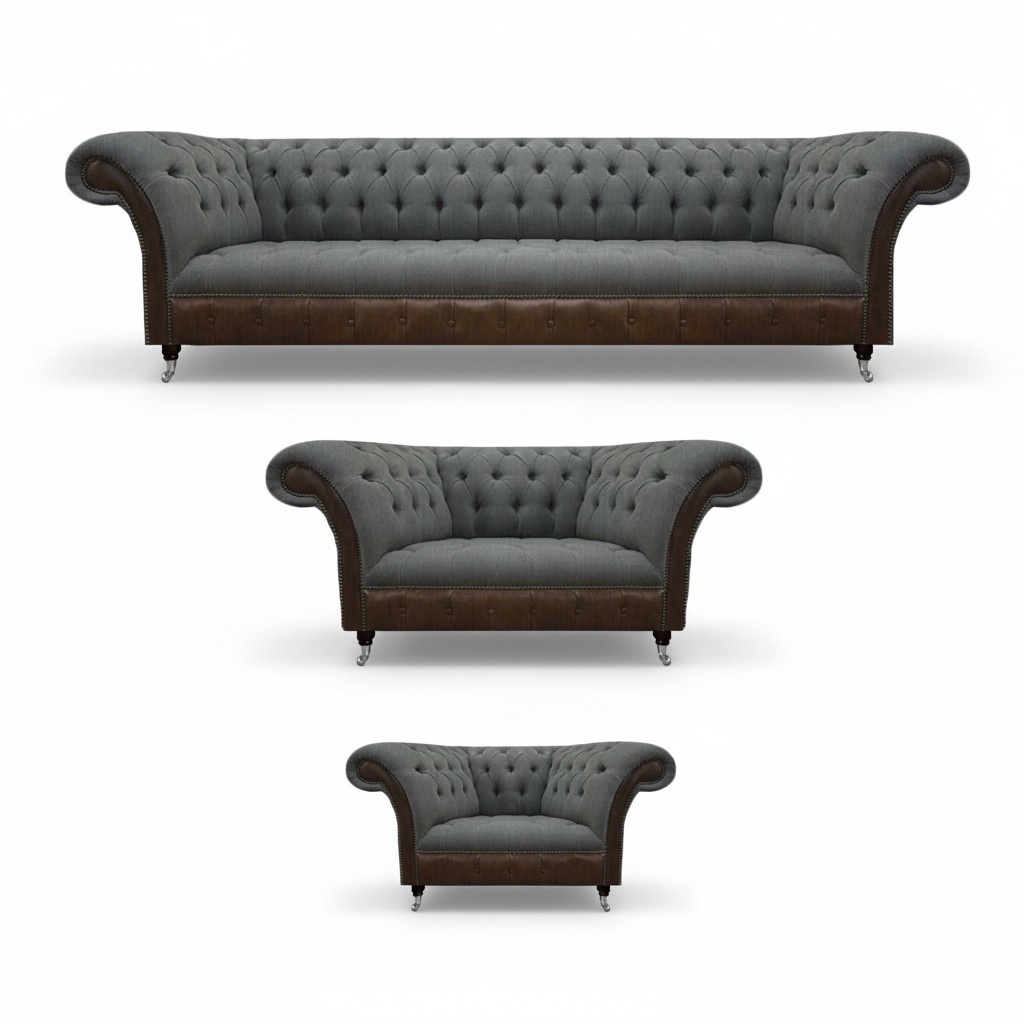 Grau-Braune Chesterfield Sofagarnitur Wohnzimmer Sitzmöbel 4-Sitzer 3tlg