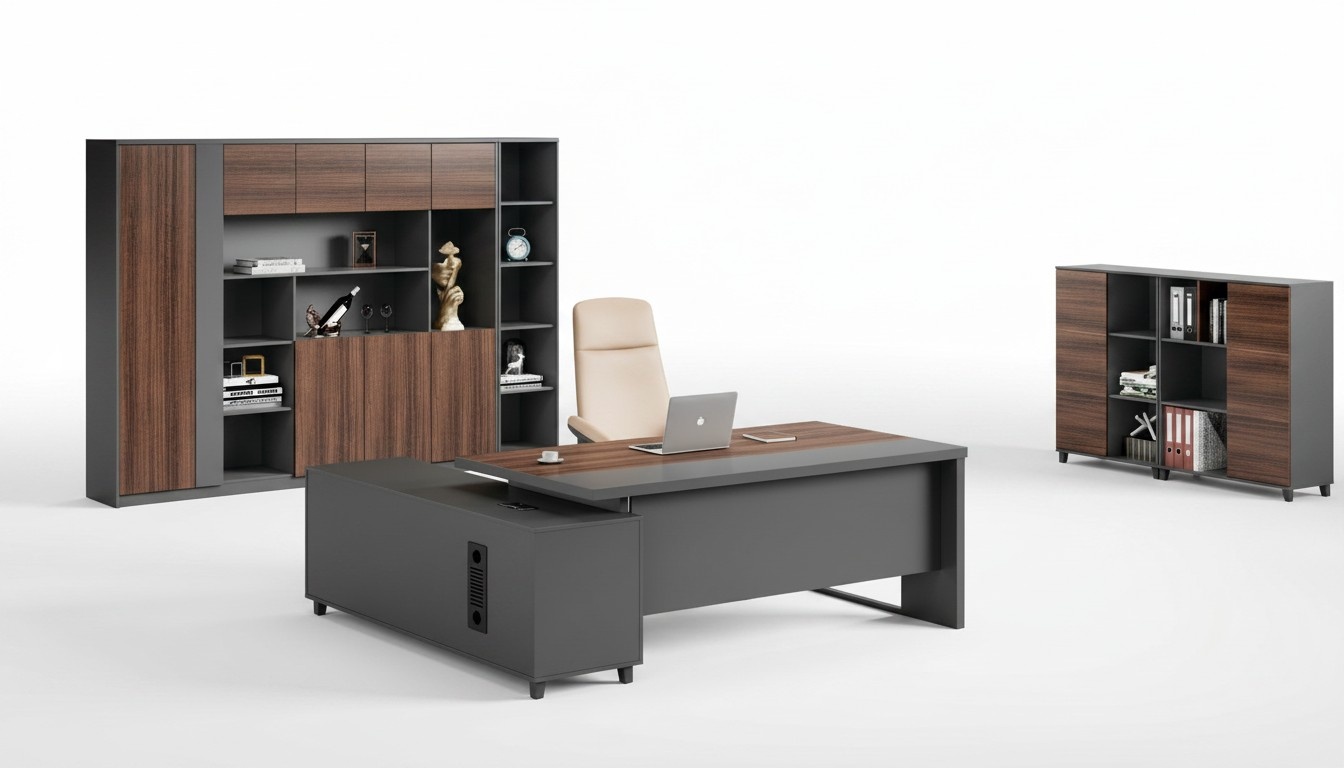 Grau-Brauner Bürotisch Luxuriöser Eckschreibtisch Designer Holz Möbel