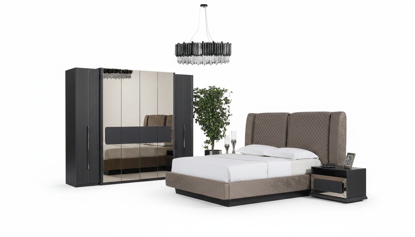 Grau Holz Schlafzimmer-Set modern mit Bett, Nachttischen