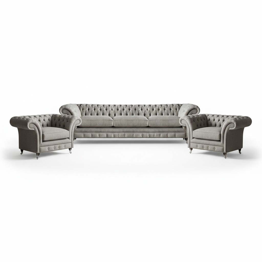 Grau Luxus Modern Sofa Set Komplett 3tlg Polstersofas Chesterfield Wohnzimmer
