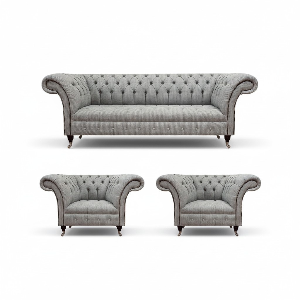 Grau Modern Sofa Set Chesterfield Design Polster Stoff Wohnzimmer Einrichtung