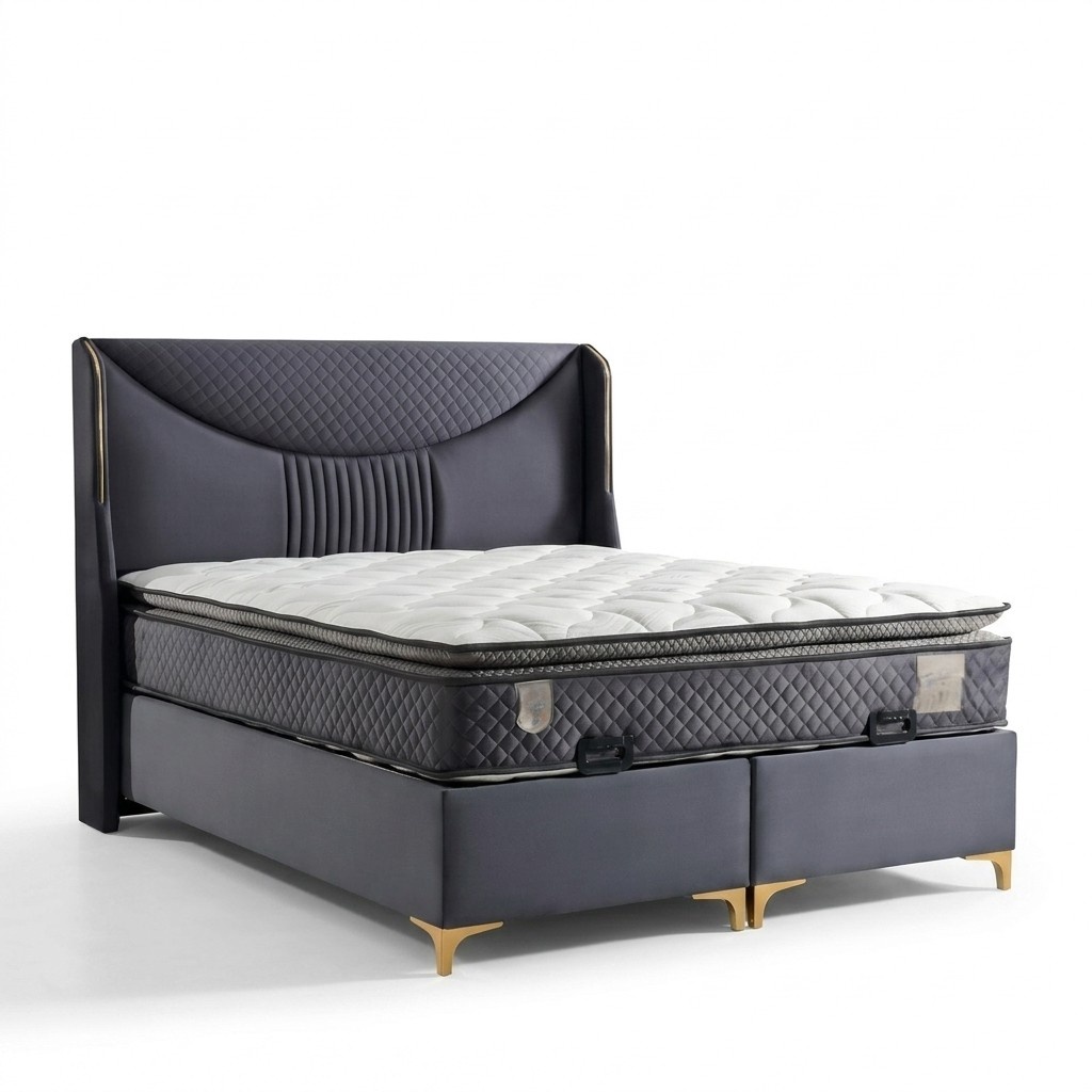 Grau modernes Bett mit Matratze aus Textil und Holz