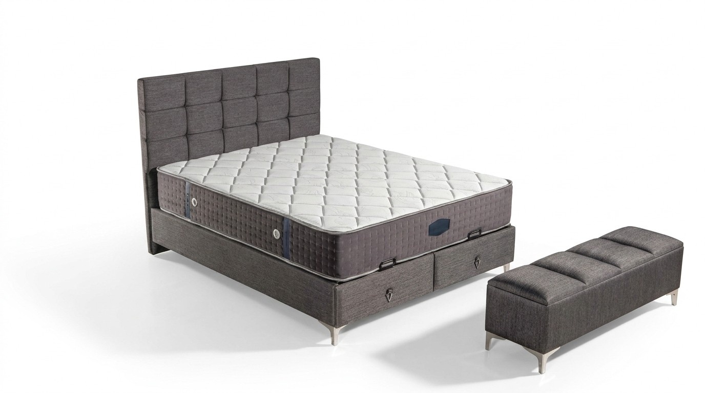 Grau modernes Bett mit Matratze aus Textil und Edelstahl