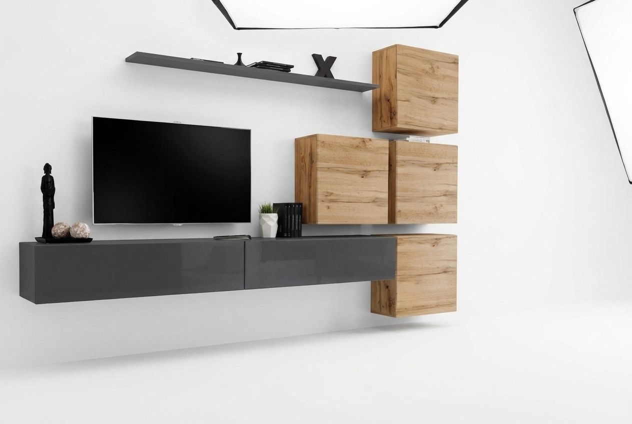 Grau TV Ständer Wandregal Luxus Wohnwand Einrichtung Modern Komplett Sideboard
