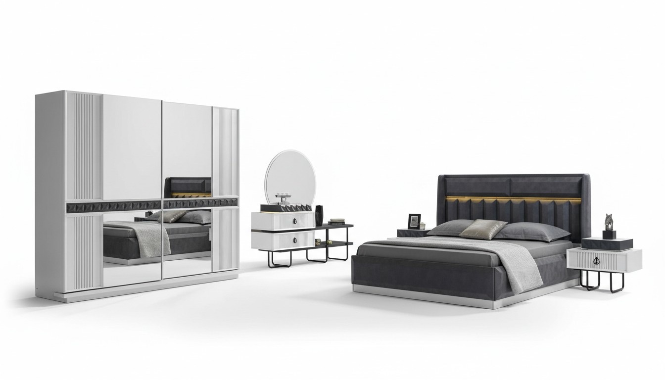 Grau-Weiße Schlafzimmer Möbel Textilbett Nachttische Luxus Schränke Neu