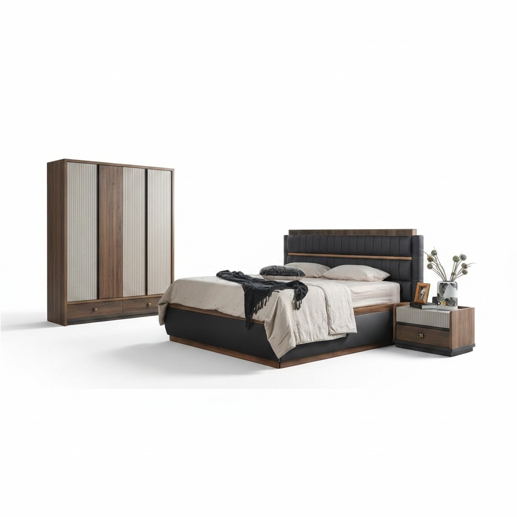 Grau-Weiße Schlafzimmer Möbel Designer Bett Edle Holz Nachttische 3tlg