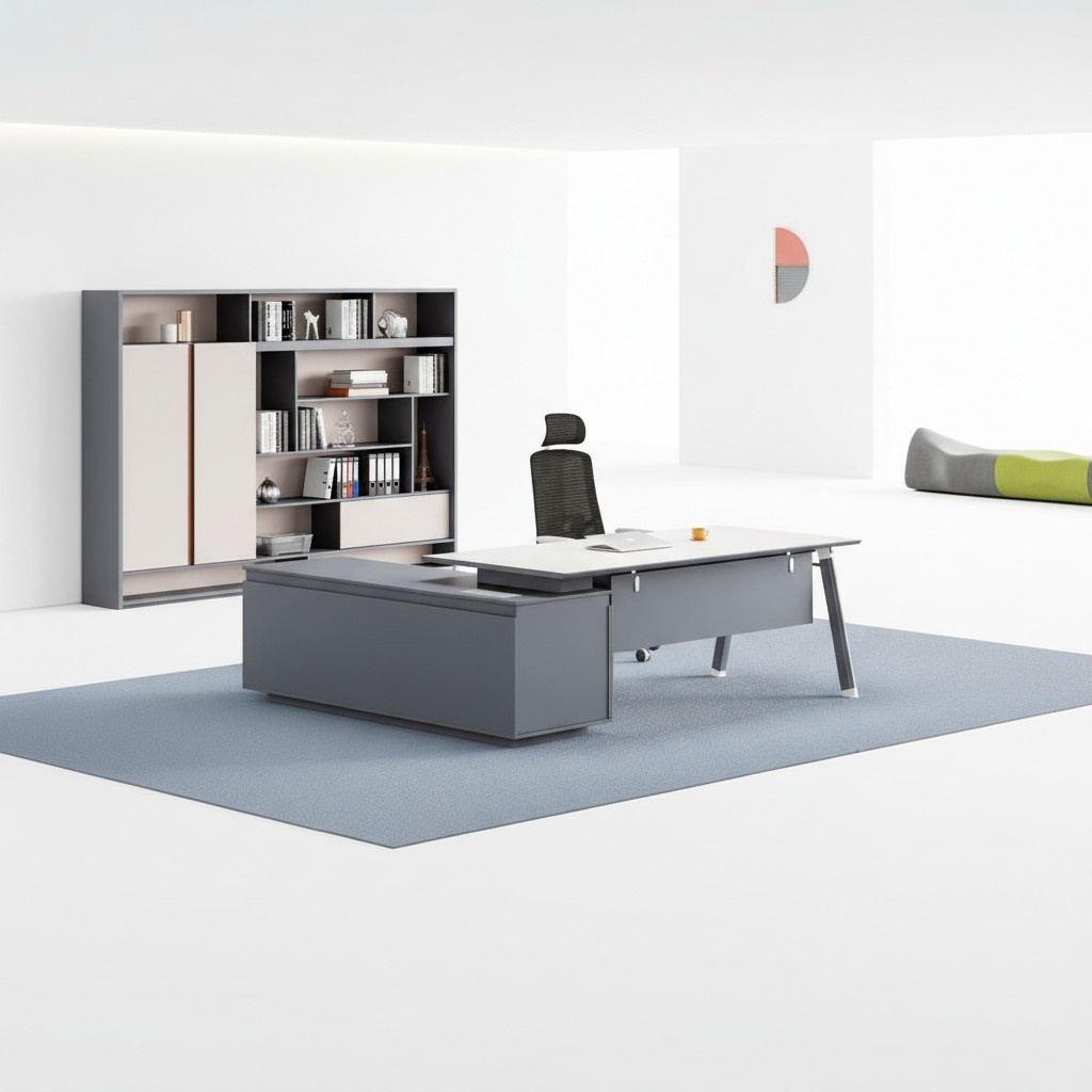 Graue Bürogarnitur Designer Büroschrank Luxuriöser Eckschreibtisch 2tlg