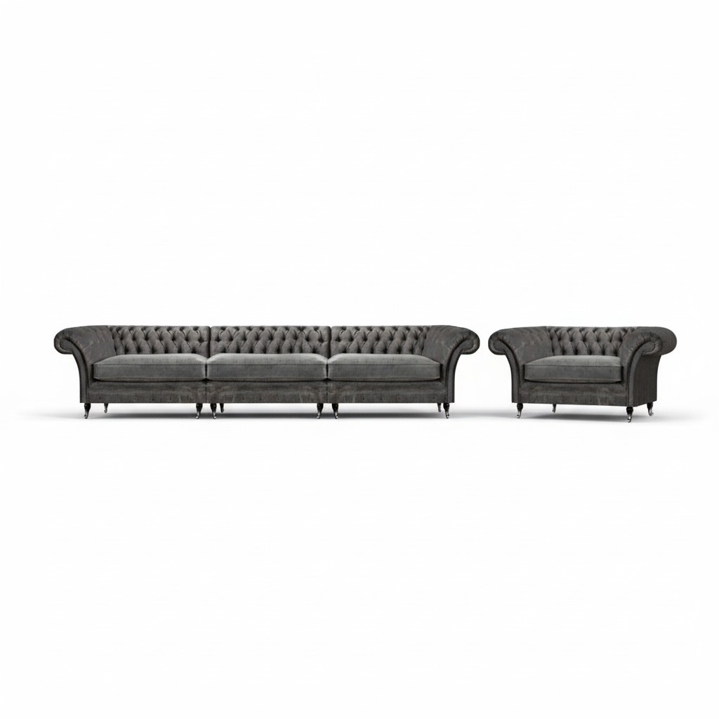 Graue Chesterfield 2tlg Sitzgarnitur Edler 3-Sitzer Moderner Lehnsessel