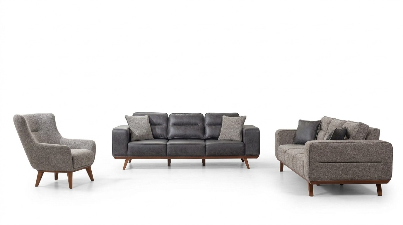 Graue Komplette Wohnzimmer Sofagarnitur 2x Dreisitzer Sessel 3tlg Set