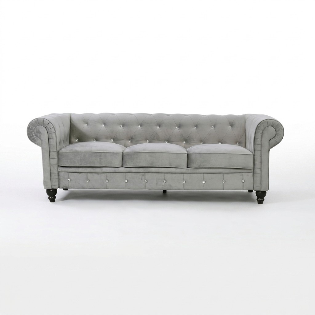 Graue Leder Velvet Sofa # Chesterfield Luxus Möbel # Englische Couch
