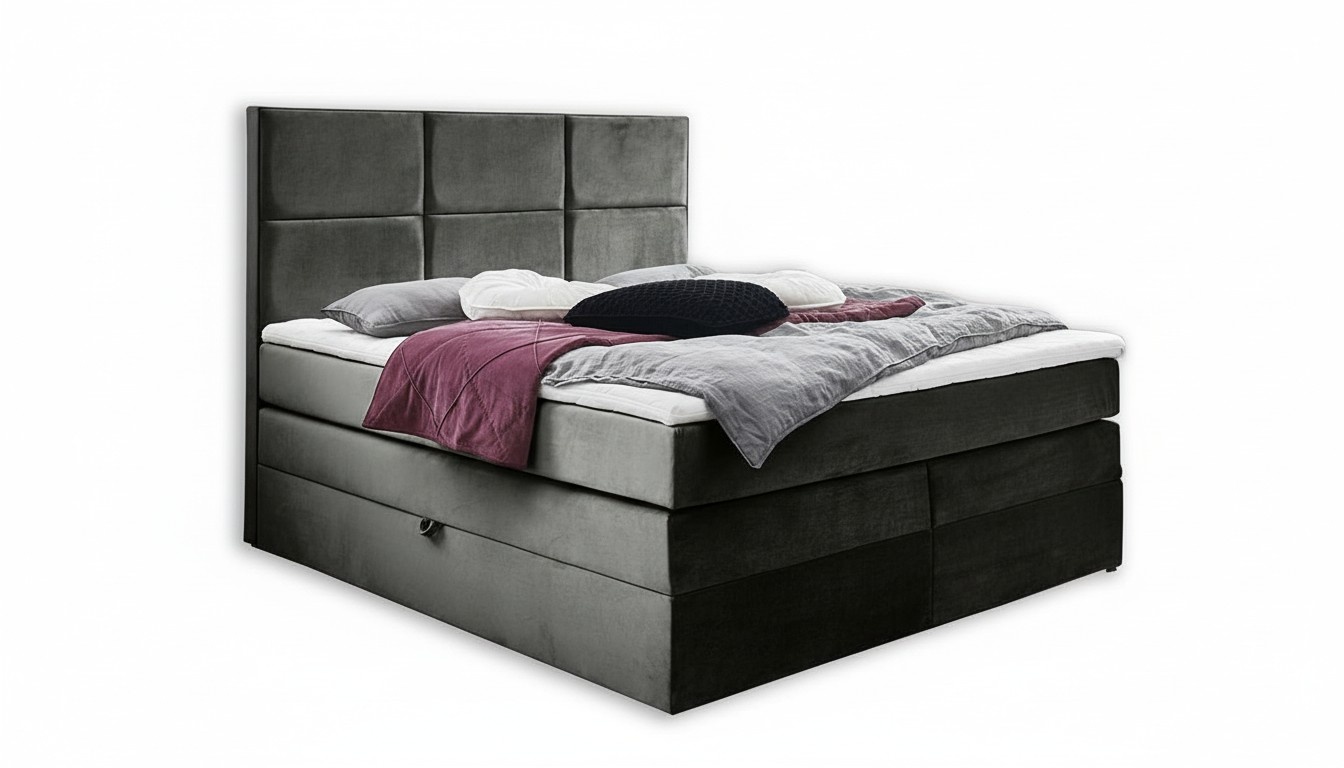 Graue schicke Doppelschlafzimmer Holzmöbel Design elegante Polsterung Stoff