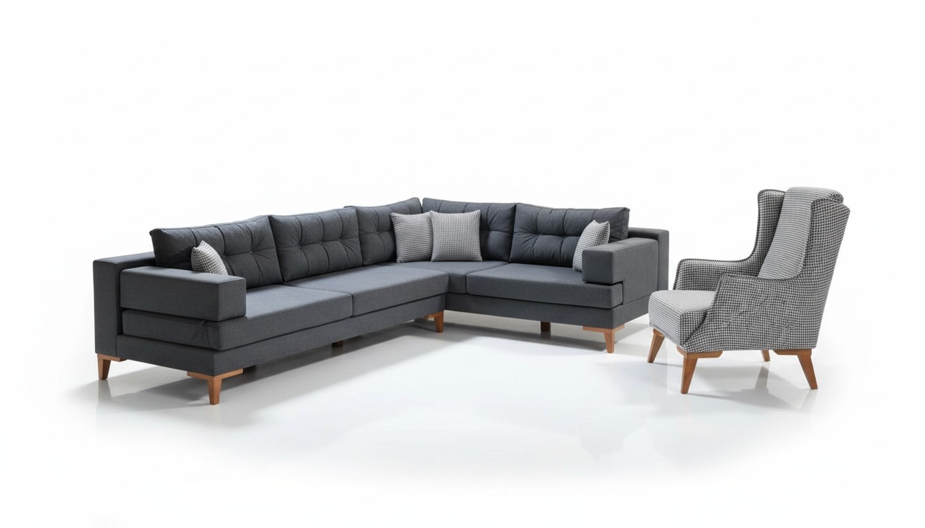 Graue Wohnzimmer Sofagarnitur L-Form Ecksofa Designer Sessel 2tlg Set