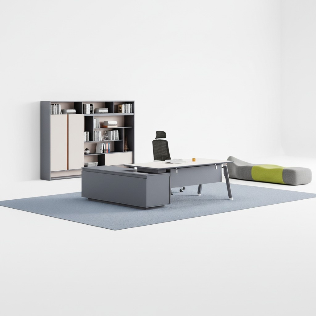 Grauer Arbeitszimmer Eckschreibtisch Luxuriöser Holz Chef Aktentisch