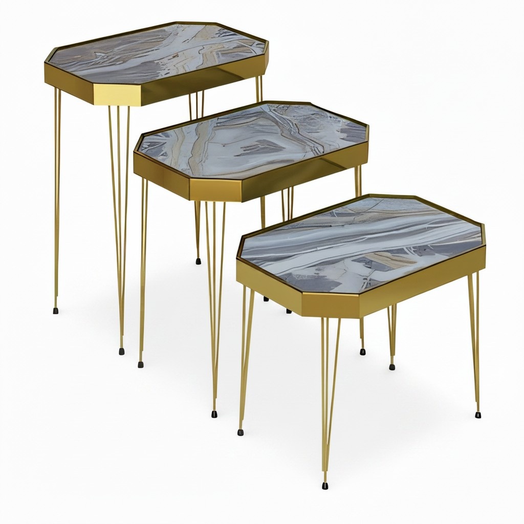 Beistelltisch Set 3 Teile in Marmor-Optik mit Goldenen Metallbeinen