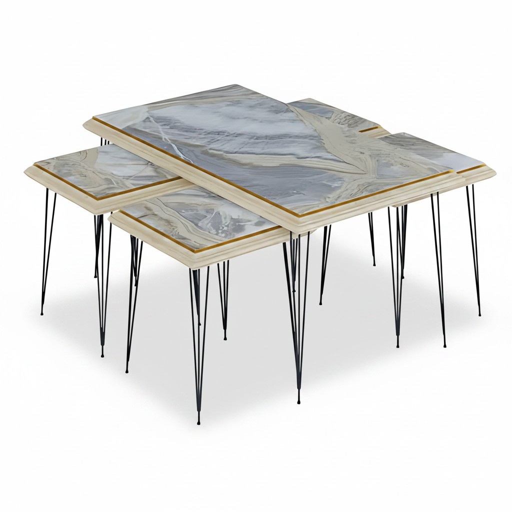 5-teiliges Couchtisch Set Grau Marmor-Optik mit Gold-Dekor Modern
