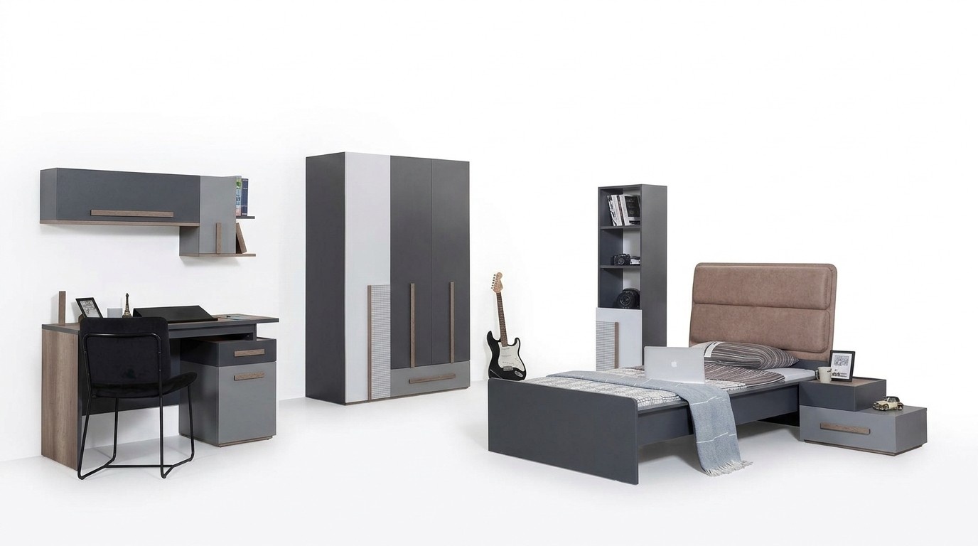 Graues Jugendzimmer Kleiderschrank Bücherregal Kinderzimmer Bett 5tlg