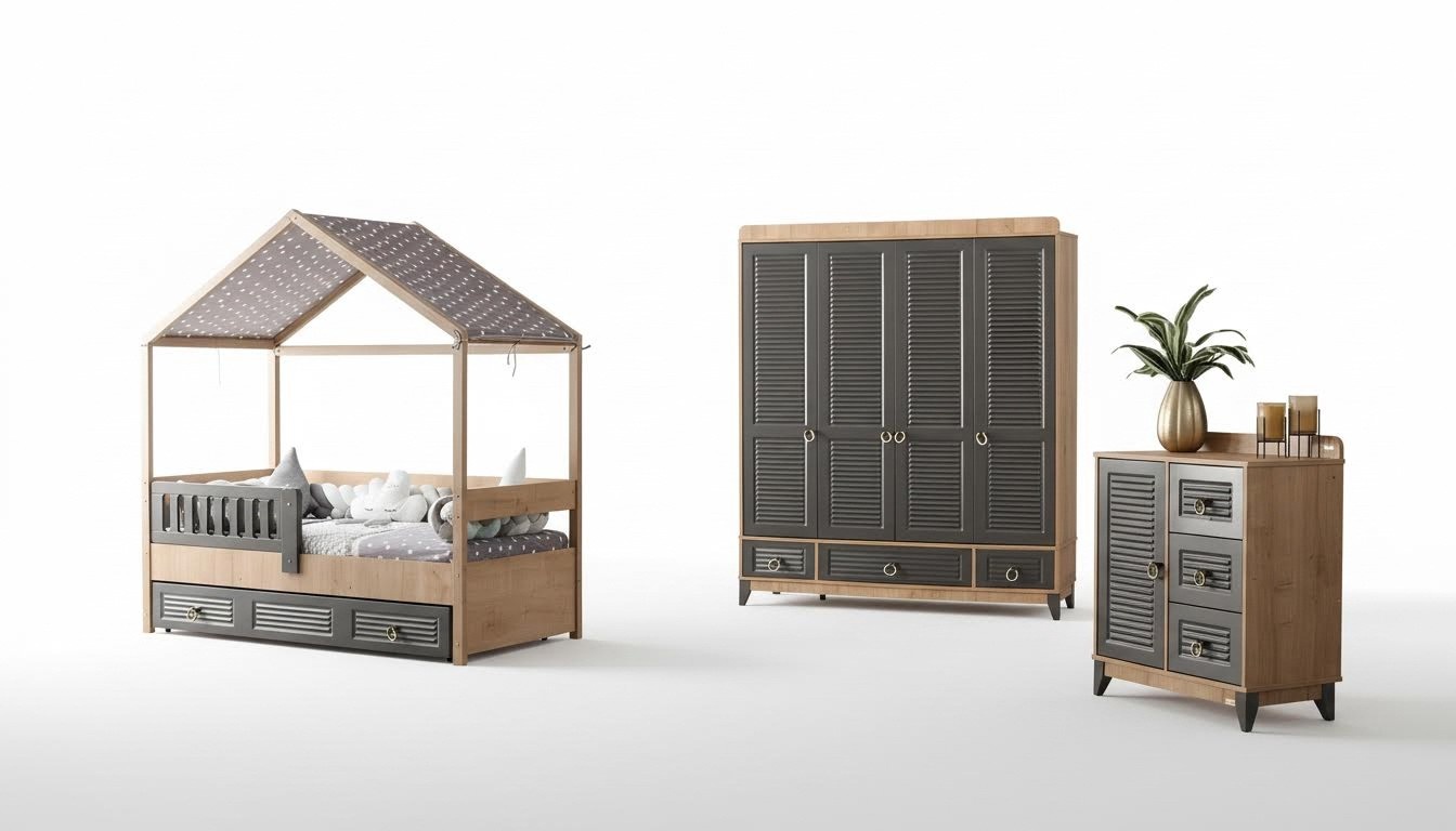 Graues Jugendzimmer Set Kinderzimmer Kommode Schrank und Bett 3tlg.