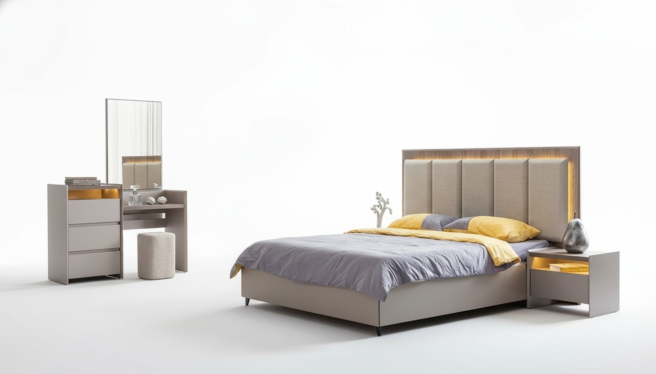 Graues Schlafzimmer Set Bett mit 2x Nachttische & Stilvoller Schminktisch