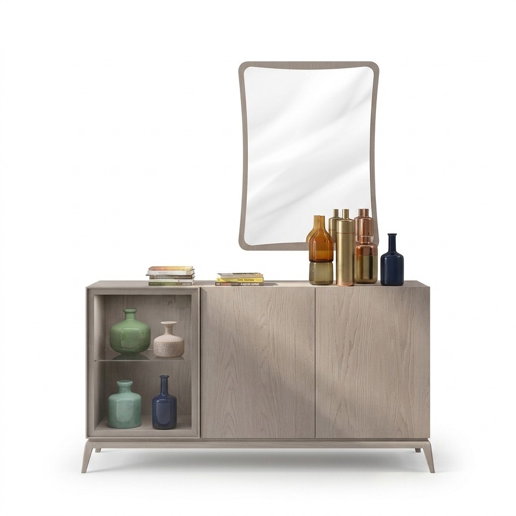 Graues Sideboard Luxus Kommode Moderne Anrichte Glastür Holz Möbel Neu