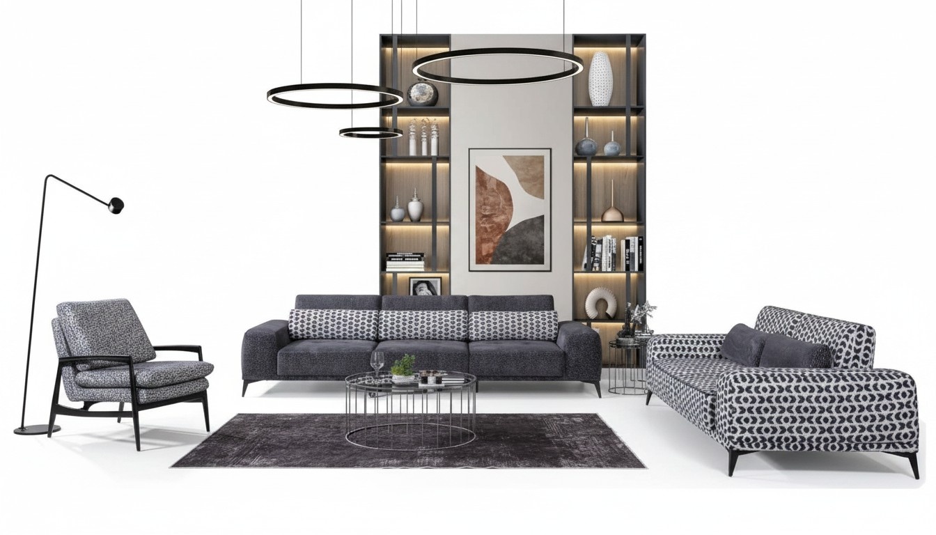 Graues Wohnzimmer Sitzgarnitur Exklusiver Dreisitzer Einsitzer 3tlg 4+3+1
