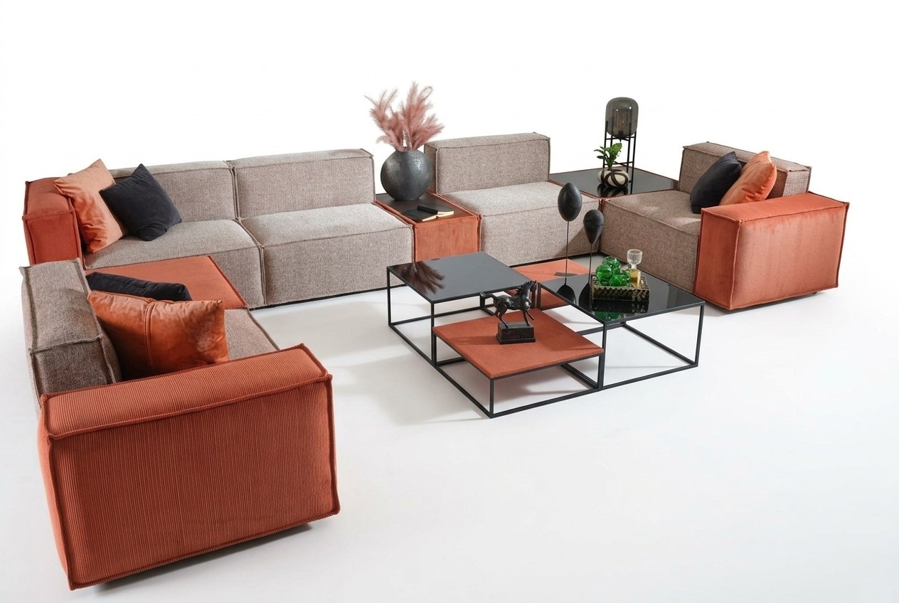 Großes Ecksofa U form Stoffsofa Couch Polstersofa Orange Moderne Sofa