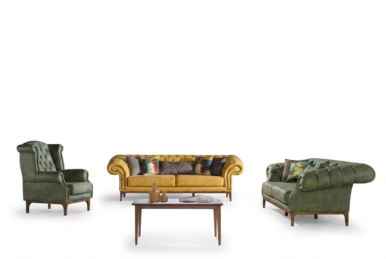 Grün-Gelbe Polstergarnitur Designer Dreisitzer Luxus Sessel 3+3+1 Set