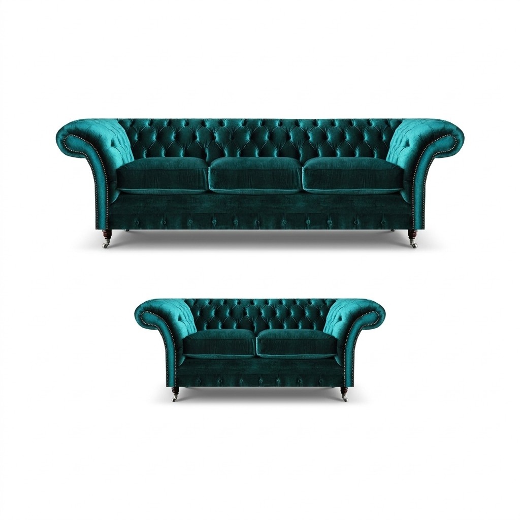 Grüne Chesterfield Polstersofas Wohnzimmer 2x Sofas Zweisitzer 3-Sitzer